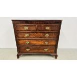 ANTIQUE OAK TWO OVER THREE DRAWER CHEST, PLATE BRASS FITTINGS, BRACKET FOOT W 120CM. D 52CM.