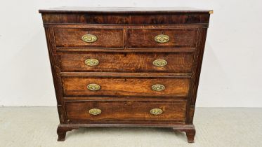 ANTIQUE OAK TWO OVER THREE DRAWER CHEST, PLATE BRASS FITTINGS, BRACKET FOOT W 120CM. D 52CM.