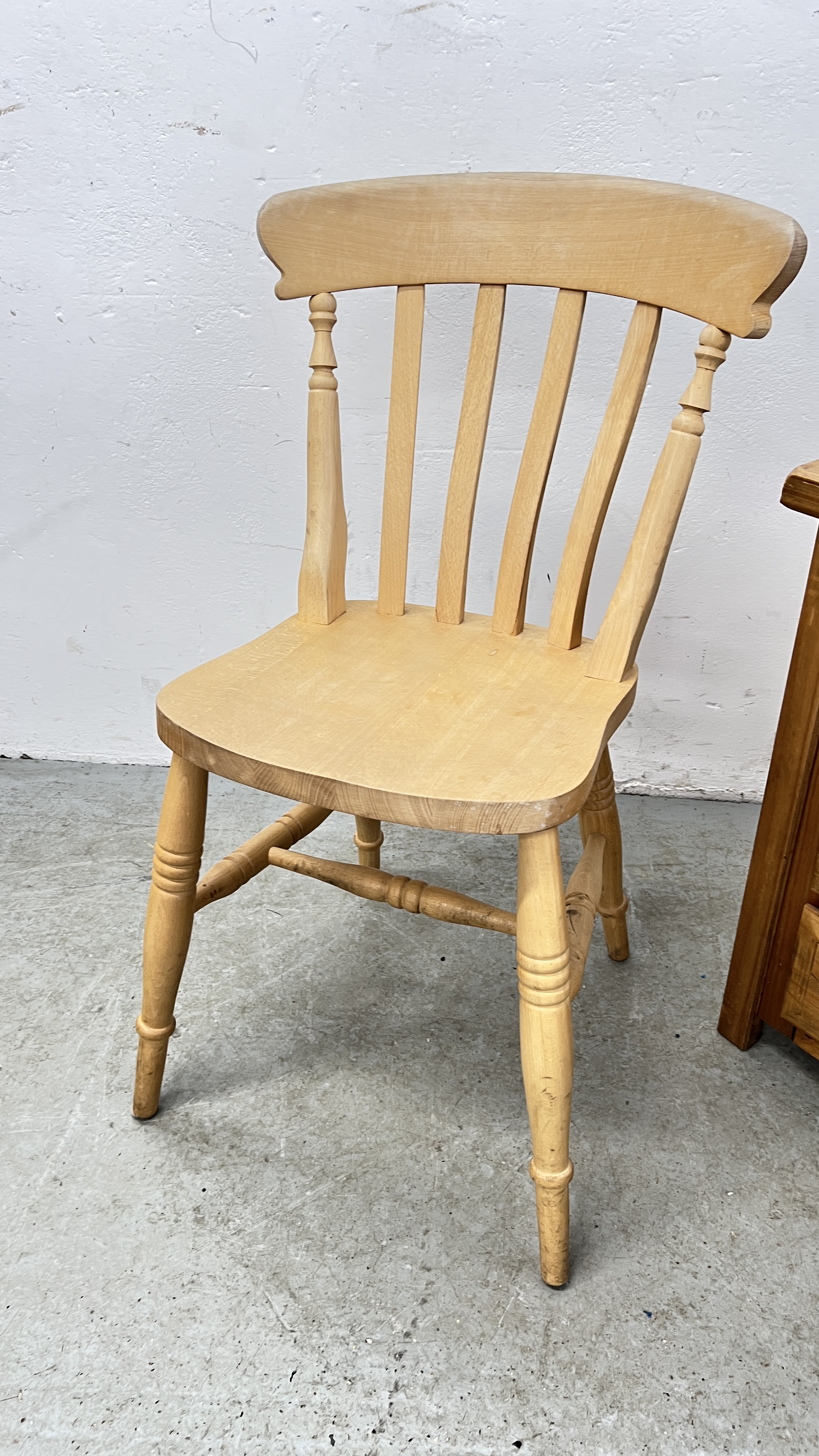 A PAIR OF MODERN BEECHWOOD KITCHEN CHAIRS ALONG WITH A MODERN WAXED PINE 3 DRAWER BEDSIDE CHEST. - Image 6 of 6