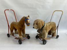 2 VINTAGE CHILDRENS PUSH ALONG TOYS TO INCLUDE DOG AND PONY, ONE EXAMPLE BEARING MAKERS LABEL,