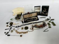 A BOX OF ASSORTED COSTUME JEWELLERY TO INCLUDE WRIST WATCHES AND EARRINGS,