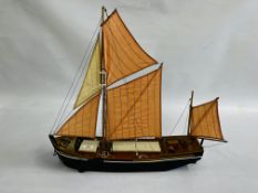 A HANDMADE MODEL SAILING BOAT, L 72CM.