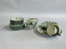 A 6 PLACE SETTING NOROTAKI TEA WARE INCLUDING CUPS, SAUCERS, SIDE PLATES, MILK, SUGAR AND PLATE,