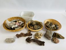 3 X BASKETS AND ONE BOWL CONTAINING A GROUP OF ASSORTED ROCK AND CRYSTAL SAMPLES.