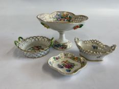 4 PIECES OF HAND PAINTED DECORATIVE CERAMICS MARKED DRESDEN.