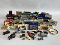 A BOX CONTAINING DIE-CAST BOXED AND UNBOXED MODEL VEHICLES TO INCLUDE MANY ROLLS ROYCE,