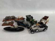 4 FRANKLIN MINT ROLLS ROYCE MODEL VEHICLES ALONG WITH MOUNTED BENTLEY ON PLAQUE AND 2 OTHER MODEL