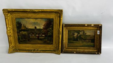 GILT FRAMED C19TH NETHERLANDS RURAL SCENE WITH FIGURE AND COTTAGE OIL ON CANVAS - W 40 X H 30CM