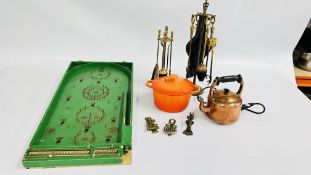 A BOX OF METAL WARE TO INCLUDE TWO BRASS COMPANION SETS,