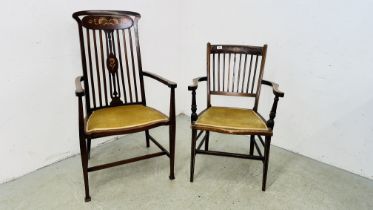 TWO EDWARDIAN MAHOGANY STRUNG BACK ELBOW CHAIRS WITH INLAID DETAIL AND STRETCHER SUPPORTS.