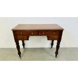 VICTORIAN MAHOGANY 4 DRAWER WRITING TABLE BALUSTER TURNED SUPPORTS - TERMINATING IN BRASS CERAMIC