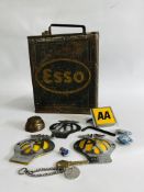 A GROUP OF VINTAGE MOTORING ACCESSORIAS TO INCLUDE ESSO FUEL CAN, FORD HUB CAP, AA BADGES (4),