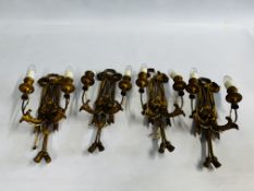 A GROUP OF 4 ELABORATE VINTAGE GILT CARVED 2 BRANCH WALL SCONCES.