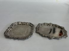 TWO WHITE METAL MINIATURE SALVERS 14 X 14CM SQUARE THE OTHER W 16CM X D 13.5CM.