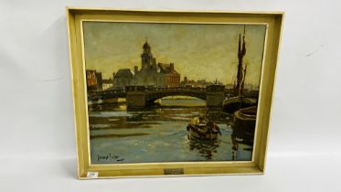 ROWLAND FISHER OIL ON CANVAS LOCAL GT YARMOUTH BRIDGE SCENE PLAQUE, READS PRESENTED TO R.