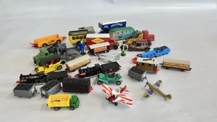 A TRAY OF DIE-CAST MODEL VEHICLES TO INCLUDE CORGI, MATCHBOX AND THOMAS THE TANK EXAMPLES.