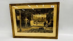 A VINTAGE FRAMED ETCHING DEPICTING "THE PUNTING SHED" BEARING PENCIL SIGNATURE EVANS W 48 X H 31.