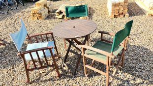 SMALL HARDWOOD FOLDING PATIO TABLE AND THREE FOLDING DIRECTORS STYLE GARDEN CHAIRS.