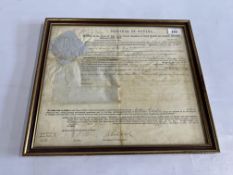 AN ANTIQUE FRAMED DEED OF AN INDIAN LAND SALE 1853,