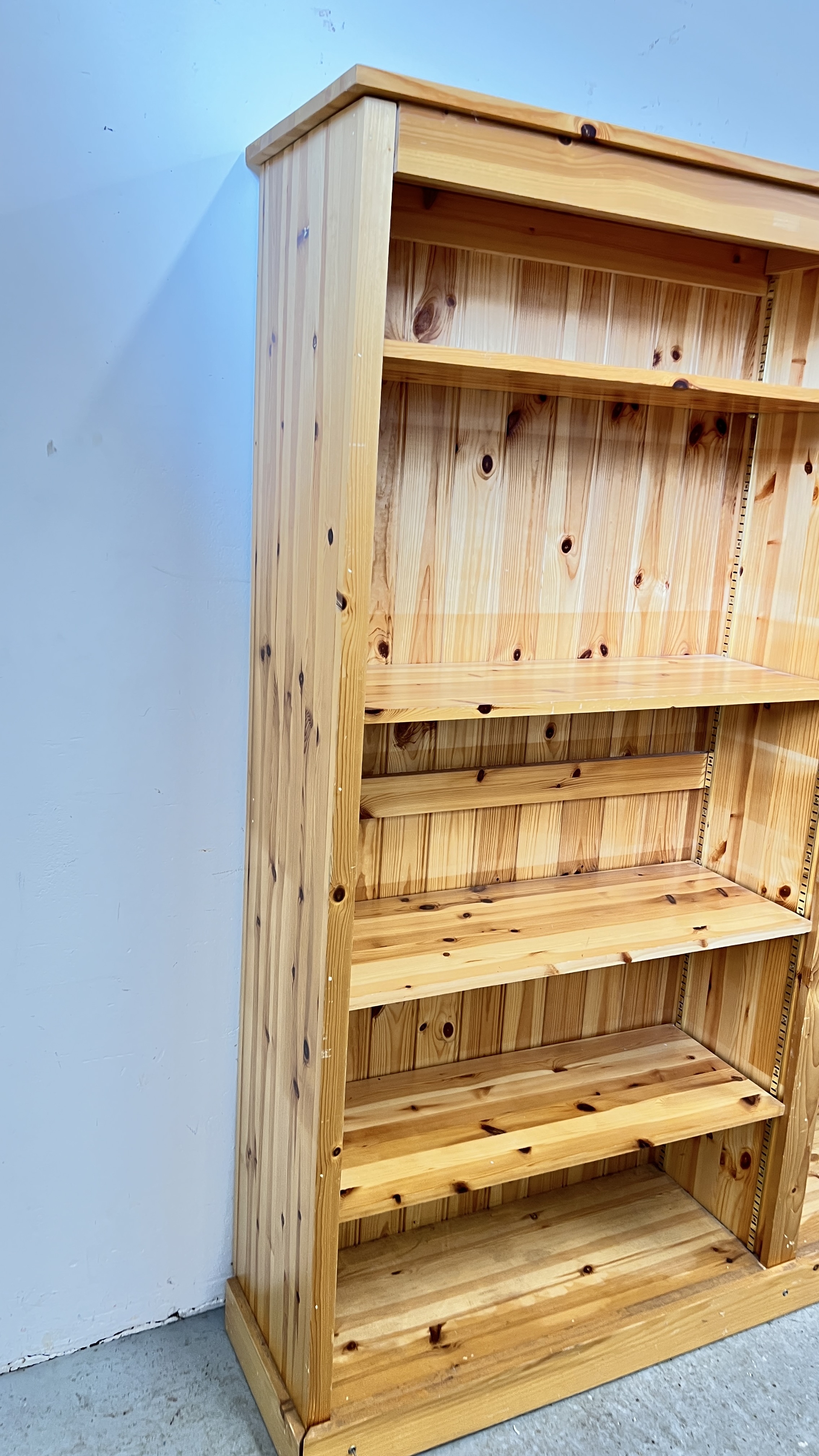 A SOLID PINE DOUBLE BOOKSHELF WITH ADJUSTABLE SHELVES, W 180CM, D 36CM, H 183CM. - Image 6 of 7