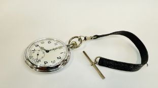 A VINTAGE MILITARY POCKET WATCH MARKED OMEGA REVERSE ENGRAVED WITH BROAD ARROW G.S.T.P. M 42815.