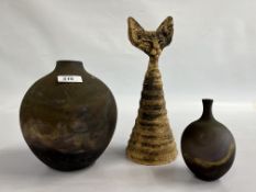 3 PIECES OF RAKU POTTERY TO INCLUDE CAT - H 30CM, BUD VASE 14CM H BULBUS VASE 20CM H.