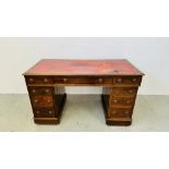 ANTIQUE MAHOGANY 9 DRAWER KNEEHOLE DESK WITH TOOLED LEATHER INSERT W 137CM X D 68CM X H 76CM.
