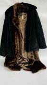 A FULL LENGTH BROWN FAUX FUR COAT MARKED DENNIS BASSO XXL + A BLACK LEATHER XL EXAMPLE.