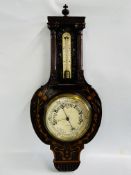 AN ANTIQUE MAHOGANY INLAID ANEROID BAROMETER BEARING MAKERS MARK JAMES BROWN OPTICIAN 76 ST.