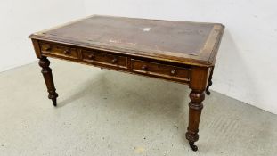 A VICTORIAN MAHOGANY THREE DRAWER LIBRARY TABLE, FOOT MISSING, FOR RESTORATION W 150CM. D 96CM.