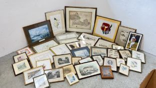 A BOX CONTAINING AN EXTENSIVE COLLECTION OF ASSORTED FRAMED PICTURES, PRINTS AND ETCHINGS,