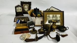 A BOX OF ASSORTED COLLECTIBLES TO INCLUDE FRAMED VINTAGE BLACK AND WHITE PHOTOGRAPHS, METAL WARES,
