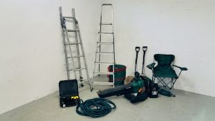 7 TREAD SET OF FOLDING ALUMINIUM STEP LADDERS ALONG WITH A FURTHER PAIR OF ABRU 3 WAY LADDER,