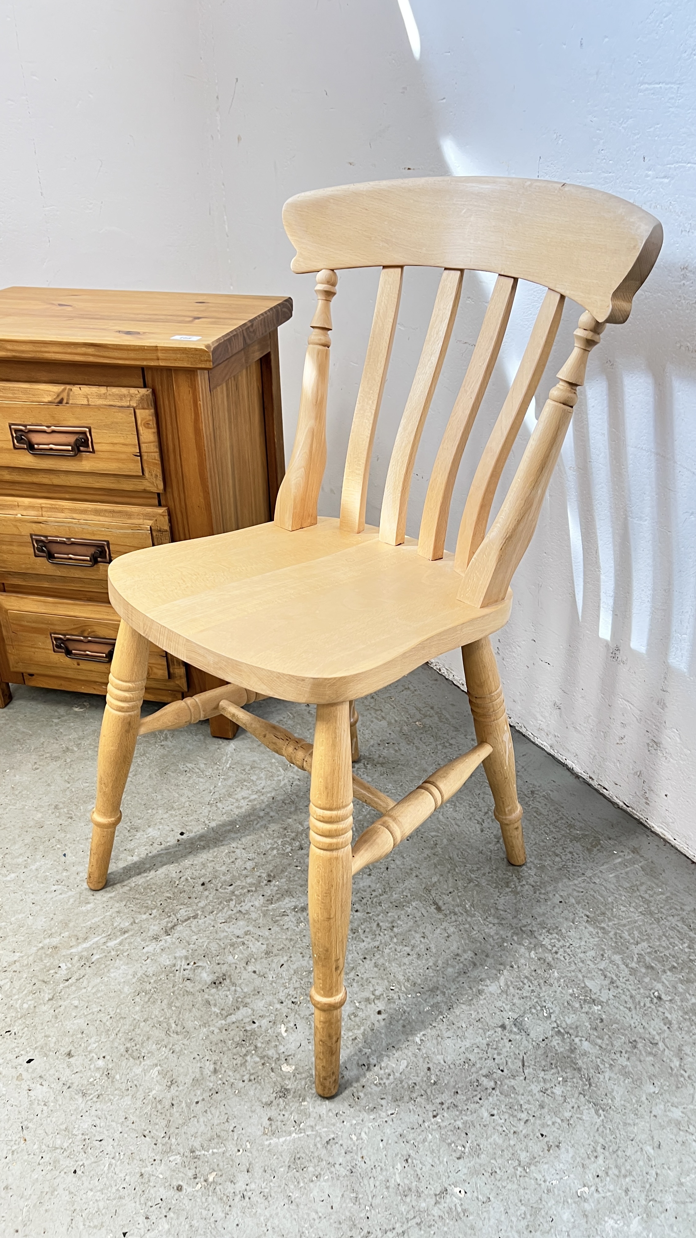 A PAIR OF MODERN BEECHWOOD KITCHEN CHAIRS ALONG WITH A MODERN WAXED PINE 3 DRAWER BEDSIDE CHEST. - Image 2 of 6