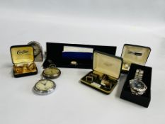 A GROUP OF ASSORTED GENTS CUFF LINKS, BOXED ERIC CHEVILLARD WRIST WATCH, CARVEL WRIST WATCH BOXED,