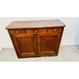 A VICTORIAN MAHOGANY THREE DRAWER DRESSER WITH CUPBOARD BELOW W 108CM. D 42CM. H 81CM.