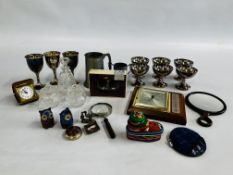 BOX OF COLLECTIBLES TO INCLUDE PLATED VESSELS, BAROMETER, ACCTIM TRAVEL CLOCK,