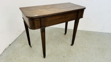VICTORIAN MAHOGANY CANTEEN SIDE TABLE ON TAPERED LEGS FITTED INTERIOR, W 91CM X D 44CM X H 73CM.