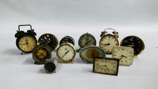 A BOX OF APPROX 12 ASSORTED VINTAGE ALARM CLOCKS TO INCLUDE OREL AND WESTCLOCK EXAMPLES ETC.