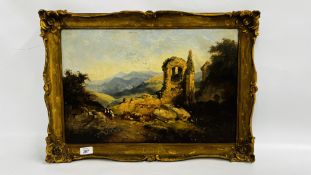 AN ORIGINAL UNSIGNED GILT FRAMED OIL ON CANVAS DEPICTING A SEATED SHEPHERD AND SHEEP AMONGST A