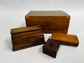 A VINTAGE OAK WRITING SLOPE ALONG WITH VINTAGE INK STAND A/F, BAKELITE BOX AND TRINKET BOX.