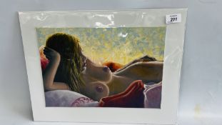 AN ORIGINAL KRYS LEACH SIGNED ARTWORK TITLED "DUVET DAY" OILS ON CANVAS BOARD - W 36 X H 24CM.