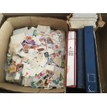 STAMPS: BOX WITH A COLLECTION IN FOUR ALBUMS AND LOOSE, MALAYSIA FIRST DAY COVERS ETC.