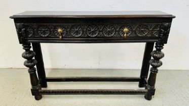 A CARVED OAK SIDE TABLE WITH SINGLE DRAWER, 110CM WIDE X 23CM D X 76CM H.