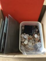 COINS: BOX WITH GB AND OVERSEAS COINS IN ALBUM, ON LEAVES AND LOOSE, 1981 PROOF SET,