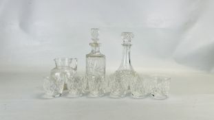 A SET OF 6 "WATERFORD" TUMBLERS ALONG WITH TWO UNRELATED DECANTERS TO INCLUDE A CUT GLASS EXAMPLE