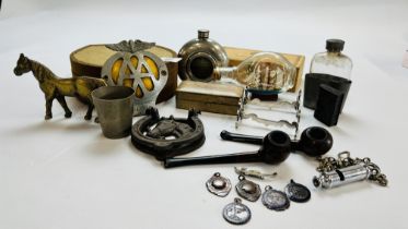 A GROUP OF COLLECTIBLES TO INCLUDE AN AA BADGE, SHIP IN A BOTTLE, PIPES, HIP FLASK, ENAMELED BADGES,