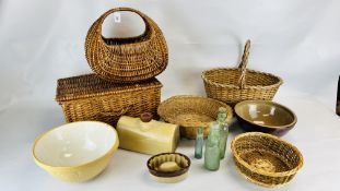 COLLECTION OF VINTAGE WICKER BASKETS + COLLECTION STONEWARE, GLASS BOTTLES & MIXING BOWLS.