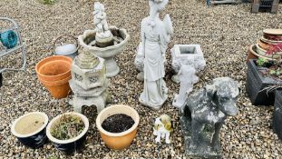 A GROUP OF DECORATIVE GARDEN EFFECTS TO INCLUDE STONEWORK ORIENTAL FIGURE, STONEWORK DOG,