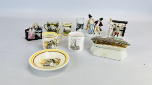 A GROUP OF CABINET COLLECTIBLES TO INCLUDE 3 FAIRINGS, A PRATT WARE COVERED POT ETC.